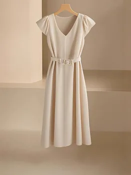 2024 Spring Summer Women's V-Neck Midi Dress Soft Stretch Office Casual Chic Solid Color No Belt Included 1