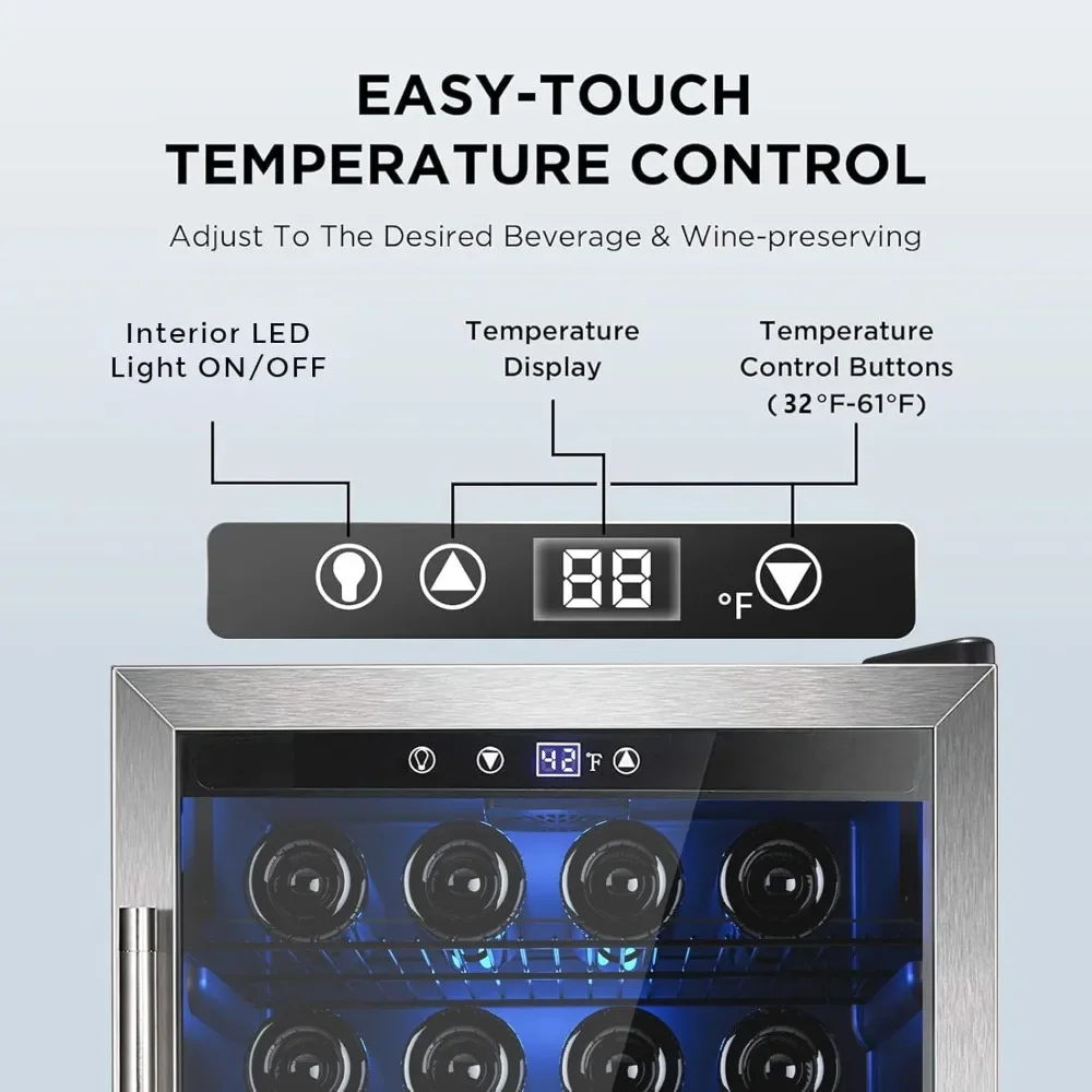 NEW-Wine Cooler 37 Bottle Freestanding Fridge with Stainless Steel Reversible Glass Door, 145 Can Beverage Refrigerator Quiet Co