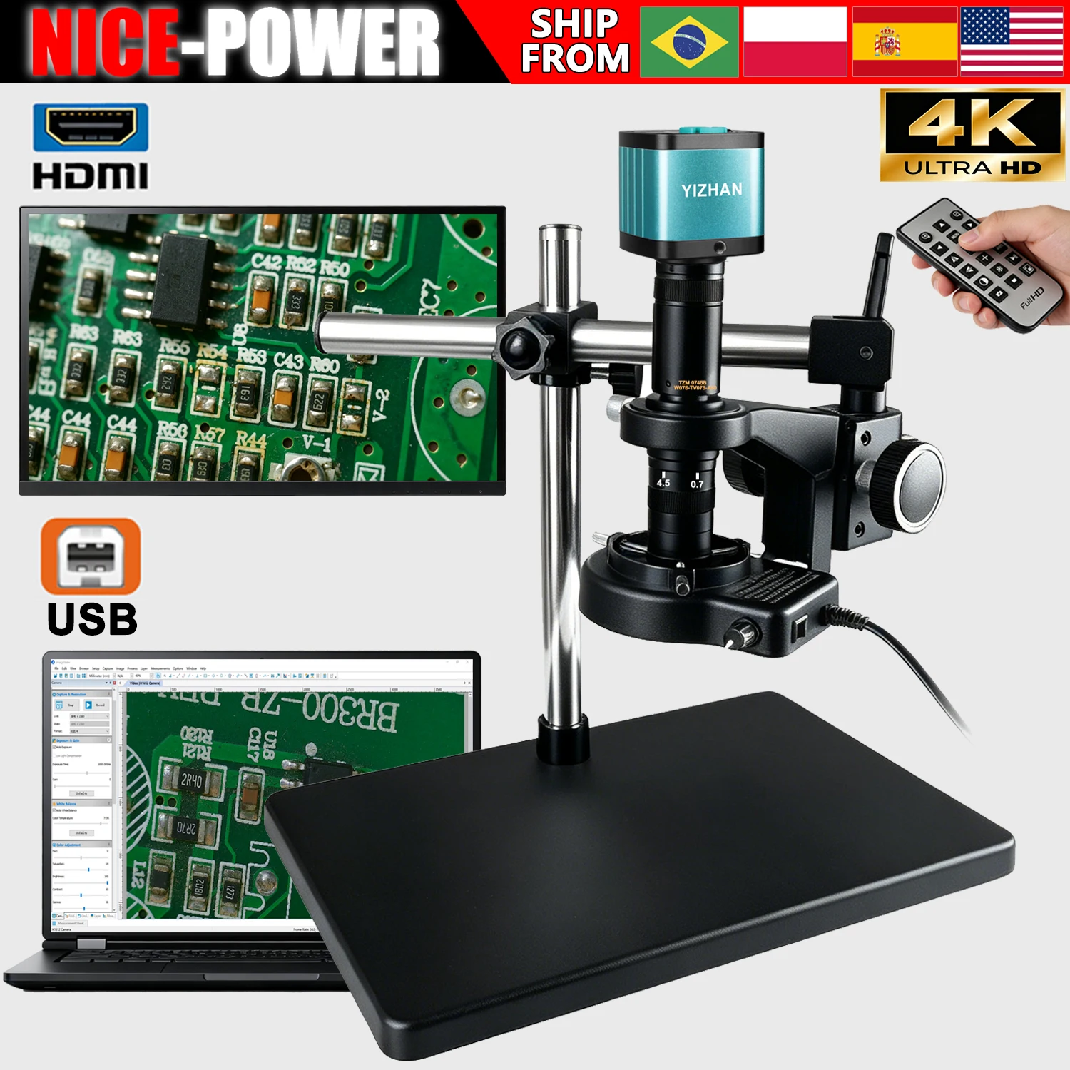 YIZHAN 4K Digital Microscope For Electronics Universal Microscope Boom Stand 215X Zoom Lens Soldering Microscope With Software