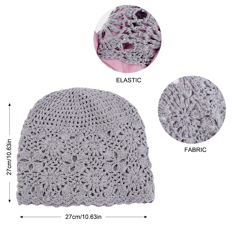 New Women Handmade Crochet Slouchy Beanie Knit Hat Elegant Flower Hollow Out Breathable Skull Cap Elastic Beanies Chemo Cap 2