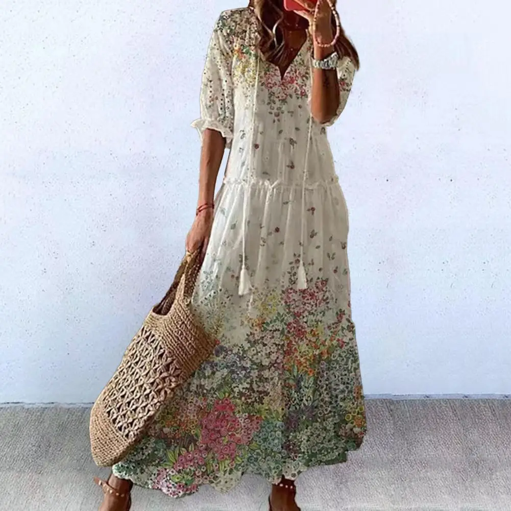 

Women Loose Fit Dress Floral Print A-line Maxi Dress with Tassel Detailing V Neckline Women's Vacation Beach Dress for Summer