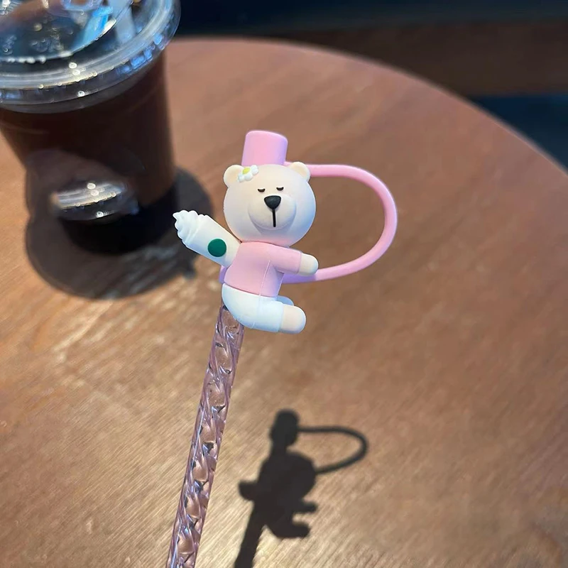 Cute Bear Straw With Dust Cover Cap Silicone Kawaii Cat Claw Straw Stoppers For Tumbler Pink Straws Tip Cover Protector 7mm