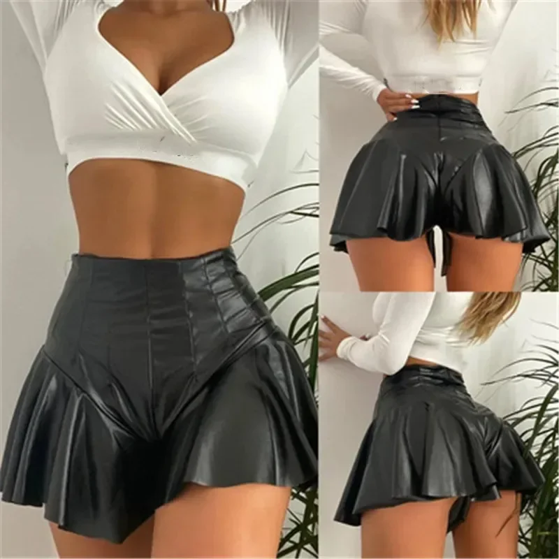 Women's Sexy PU Leather Shorts Skirt with Pleats High Waisted Black Shorts Party Club Summer Fashion A-line Mini Skirt YDL01