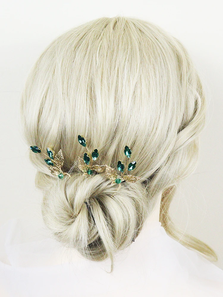 Green rhinestones 3 wedding hairpins gold leaves bridal hair clips prom party women hair accessories festival jewelry