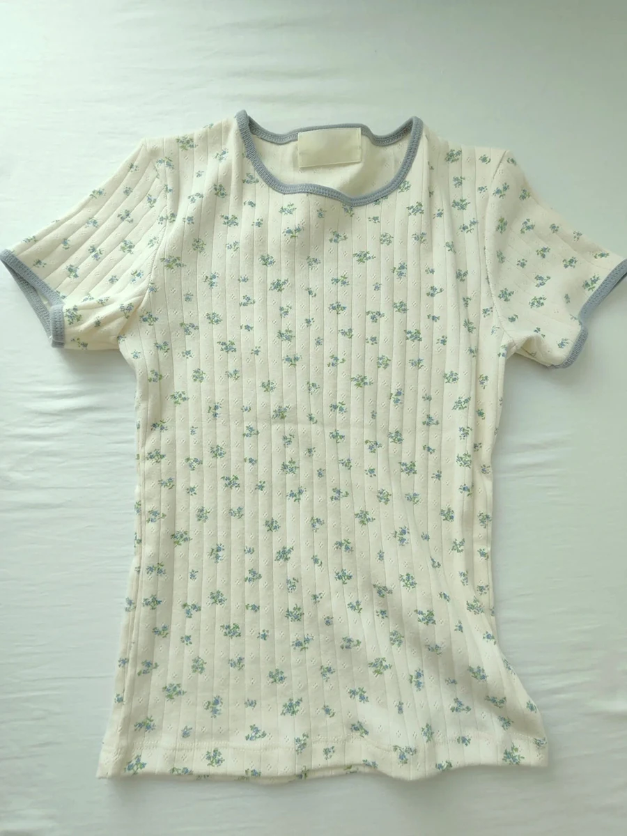 

Floral Eyelet Sweet T-Shirt Woman Summer O-Neck Short Sleeve Cotton Slim Tee Shirt Casual All-match Preppy Style Tshirt Y2k Top