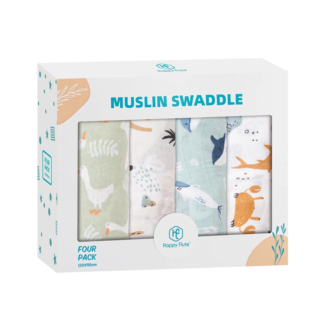 

HappyFlute Newborn Gift Boxes 4Pieces/Set Muslin Cotton Blankets 120*110cm Unisex Print Baby Blanket Swaddle Warp