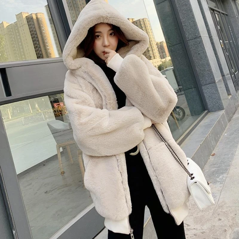 Women Hooded Faux Fur Coat Elegant Luxury V-neck Long Sleeve Fluffy Outerwears Lady Fashion Winter Daily Highstreet Jackets - 3