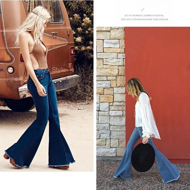 Women\'s Elegant Fashion High Waist Boot Cut Jeans Stretch Bell-Bottom Flare Denim Jeans Casual Wide Leg Pants Trousers Bottoms