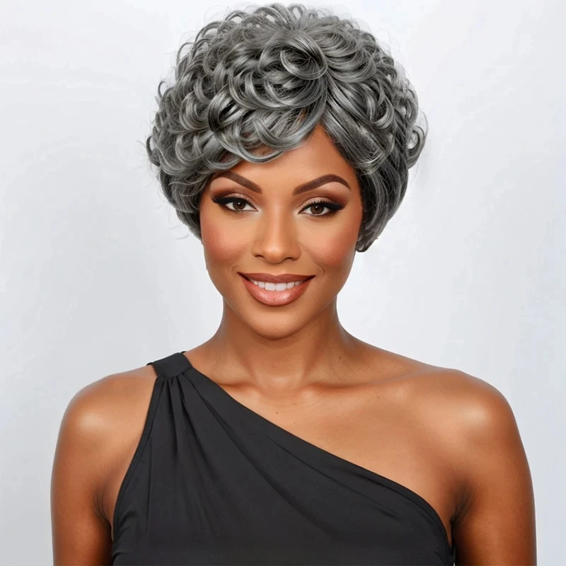 Hairinside Bob Wig Salt and Pepper Silver Grey Short curly Virgin Brazilian Human Hair Wigs For Women Hair curly 200 Density