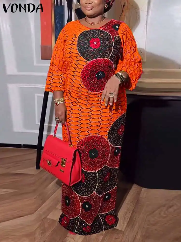 

VONDA Women Bohemian Dress 2024 Vintage Party Maxi Long Dress 3/4 Sleeve Print Fashion Sundress Casual Robe Femme Loose Vestidos