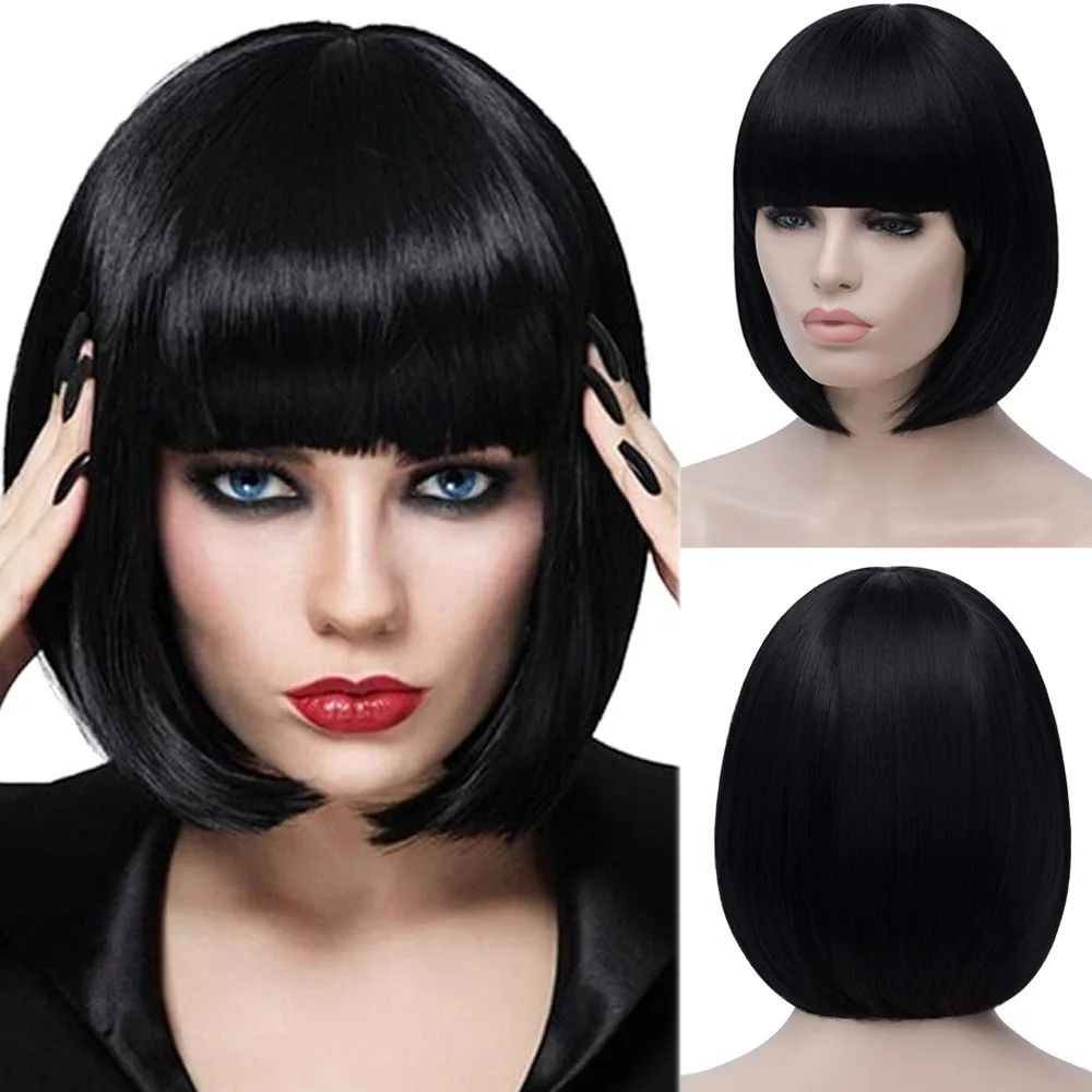 

15Color Short Black Brown Straight Synthetic Wigs with Bang for Women Daily Cosplay Party Heat Resistant