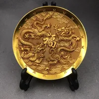 Antique Bronze Gilded Double Dragon Fuzi Plate Decorative Ornament 1