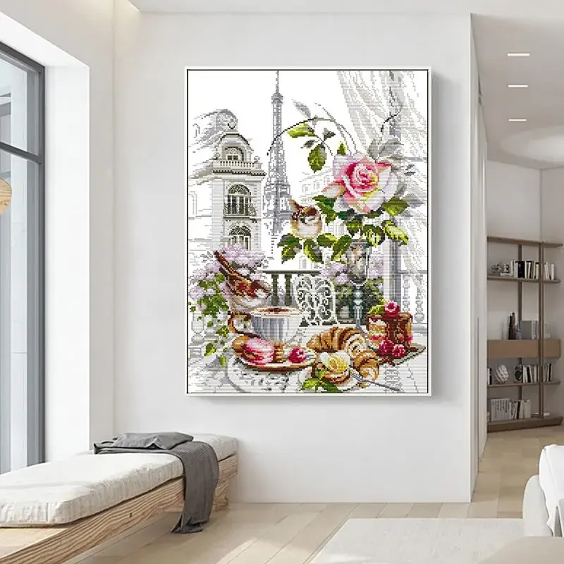 Cross Stitch Kit DIY French Breakfast and Flowers Pattern Aida 14CT 11CT Count White Fabric Embroidery Kit Gift cross stitch kit