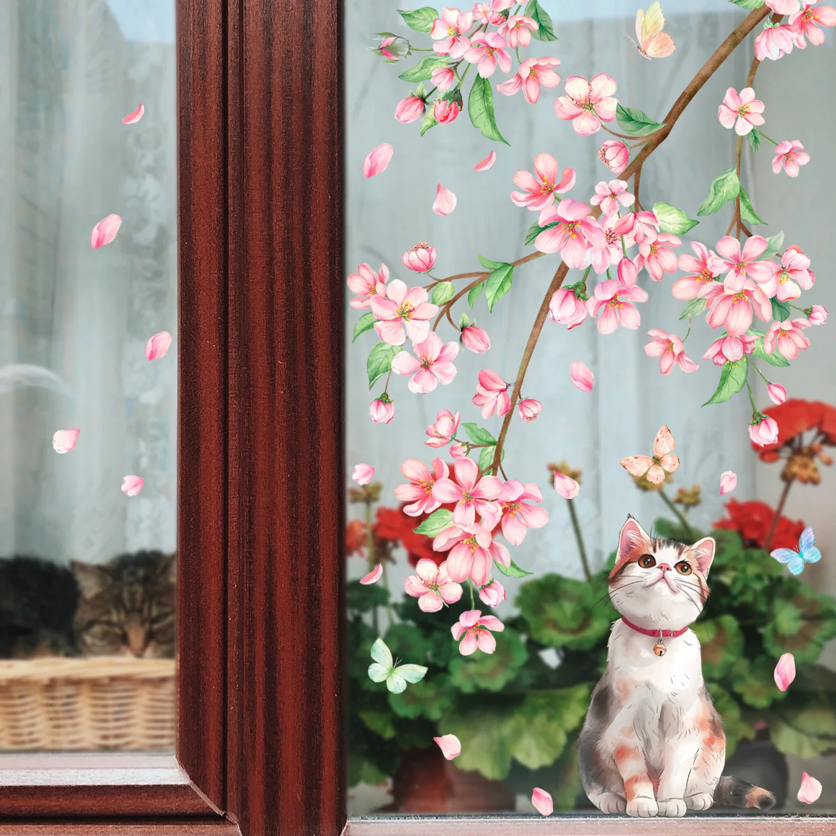 Creative Peach Blossom Branch Window Cling Floral Butterfly Kitten Static Sticker No Glue for Kitchen Restaurant Shop Decor