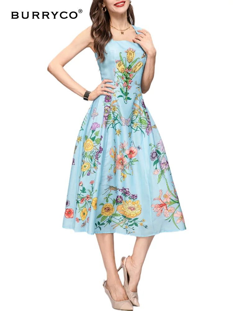 

BURRYCO 2023 Summer Women's New Fairy Style Positioning Print Heavy Work Beaded Suspender Goddess Dress