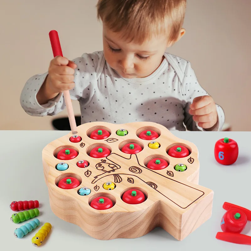 

Montessori Baby Toys Wooden 3D Puzzle Early Childhood Educational Toys Magnetic Apple Catch Worm Game Color Cognitive Gift