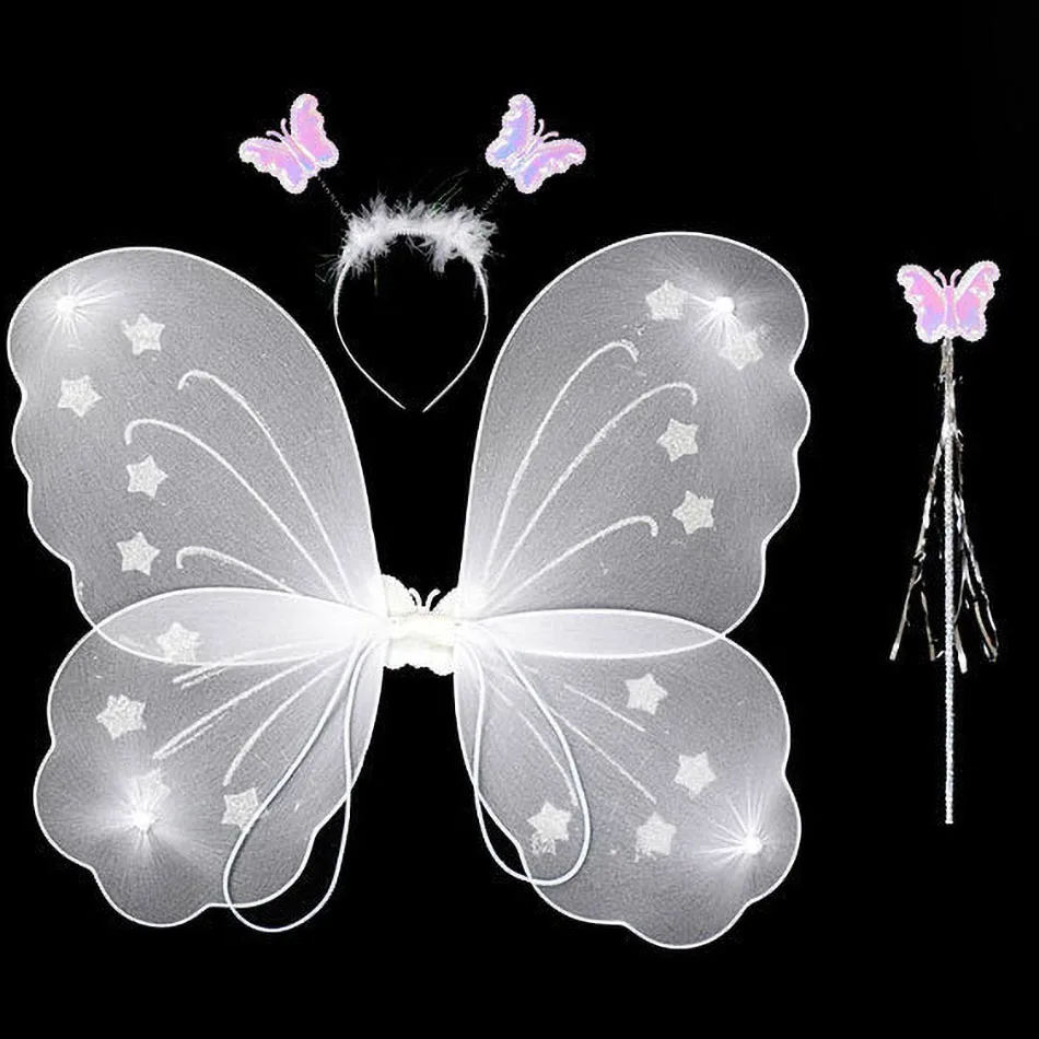 Kids Butterfly Headband Wings Wand 3 Pcs Set Girls Summer Photography Outfit Children Silk Yellow Green Purple Pink Color Props 6
