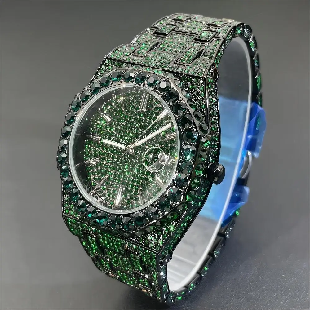 2024 New Hip Hop Men's Green Watch Fashion Iced Out Quartz Wristwatch Luxury Big Diamond Bling Wristwatch Man Reloj Dropshipping