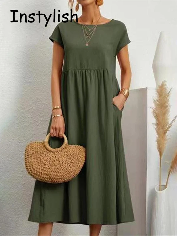 Women Elegant Solid Maxi Dress Summer Short Sleeve O Neck