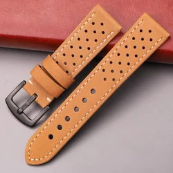 Premium Vintage Matte Genuine Leather Watch Strap - Breathable Cowhide Band - 22mm (Yellow Black Buckle)