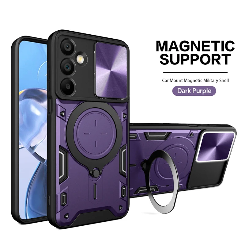 Durable Armor Metal Ring Stand Phone Case with Slide Camera Protection and Shockproof Back Cover