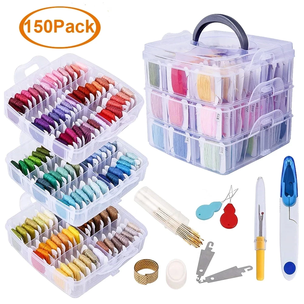 Embroidery Kit Floss Set Including 150 Colors Threads with 3-Tier  Transparent Storage Box Cross Stitch Tools