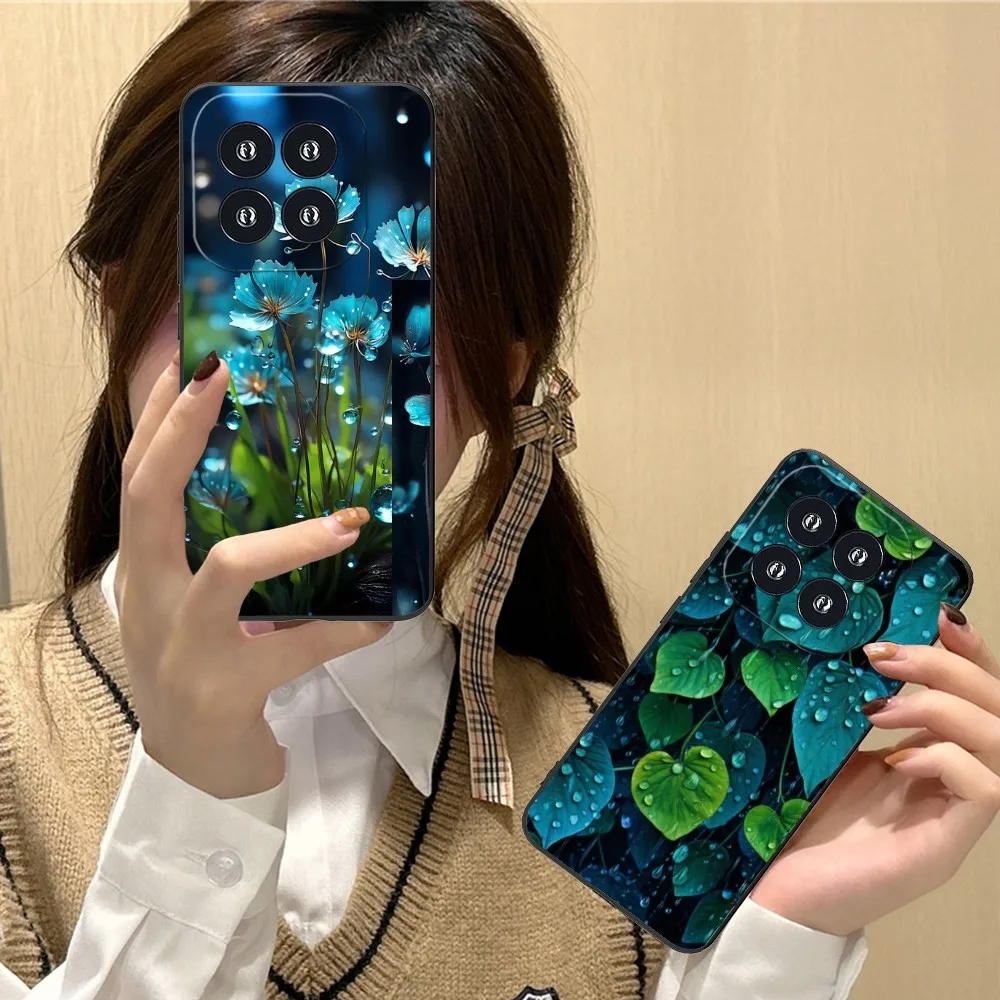 Dew Leaves Flowers Mobile Cell Phone Case For Xiaomi 13 12 11 S T Ultra Lite Redmi Note 12 10 Poco F4 F5 X5 Pro 5G Black Cover