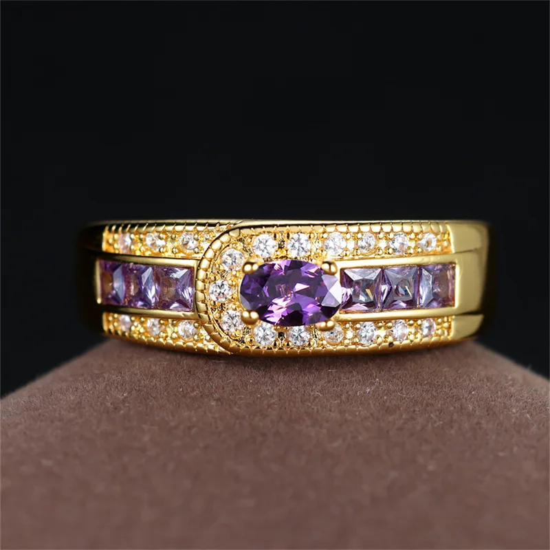 Green Zircon Engagement Ring Blue Purple Crystal Oval Stone Rings For Women Men Vintage Gold Color Wedding Bands Fashion Jewelry