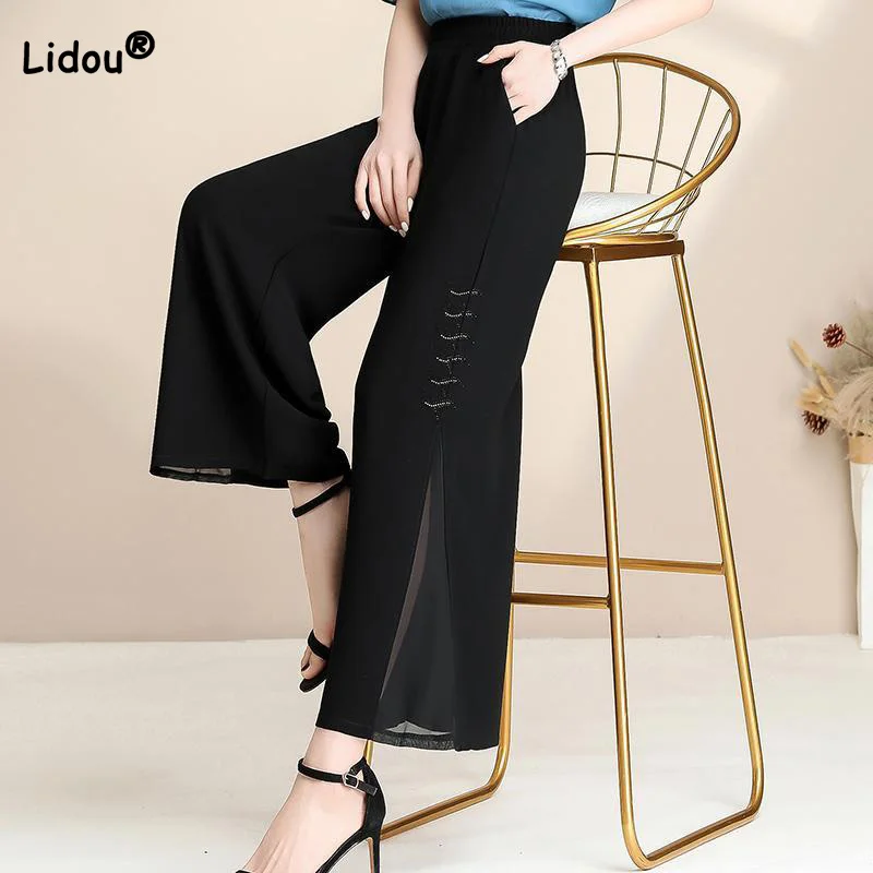 Spring Summer Pockets Chiffon Diamonds Nine Points Pants Fashion Thin Drape Loose Solid Color Net Yarn Lady Micro Flare Trousers lantern pant women s solid pockets nine points plus size office lady trouser loose summer spring button casual pants for female