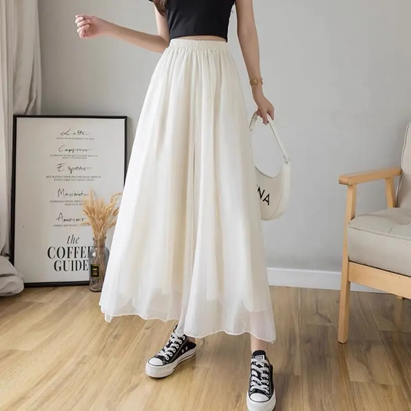 New High Street Wide Leg Pants Women Chic Breathable Elastic High Waist Loose Trousers Summer Boho Casual Flowing Chiffon Pants