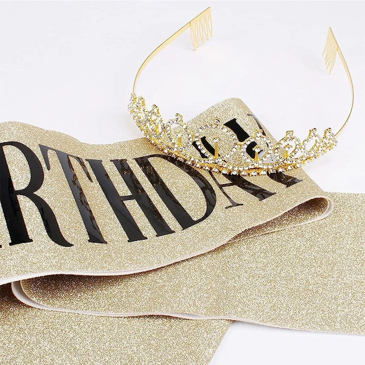 Gold Silver Glitter Birthday QueenTiara & Sash for Women Glitter Crystal Crown Sash Set Birthday Party Decor Favor Gift