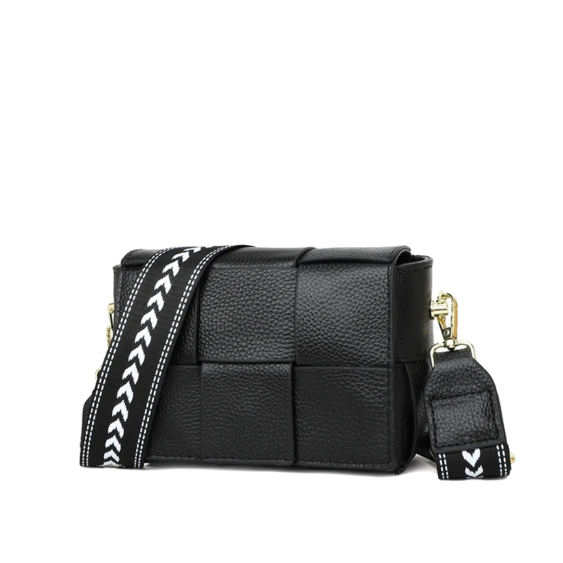 100% Cowhide Women's Shoulder Bags Genuine Leather Woven Crossbody Bags Wide Straps Messenger Bags Fashion Designer Brands Totes