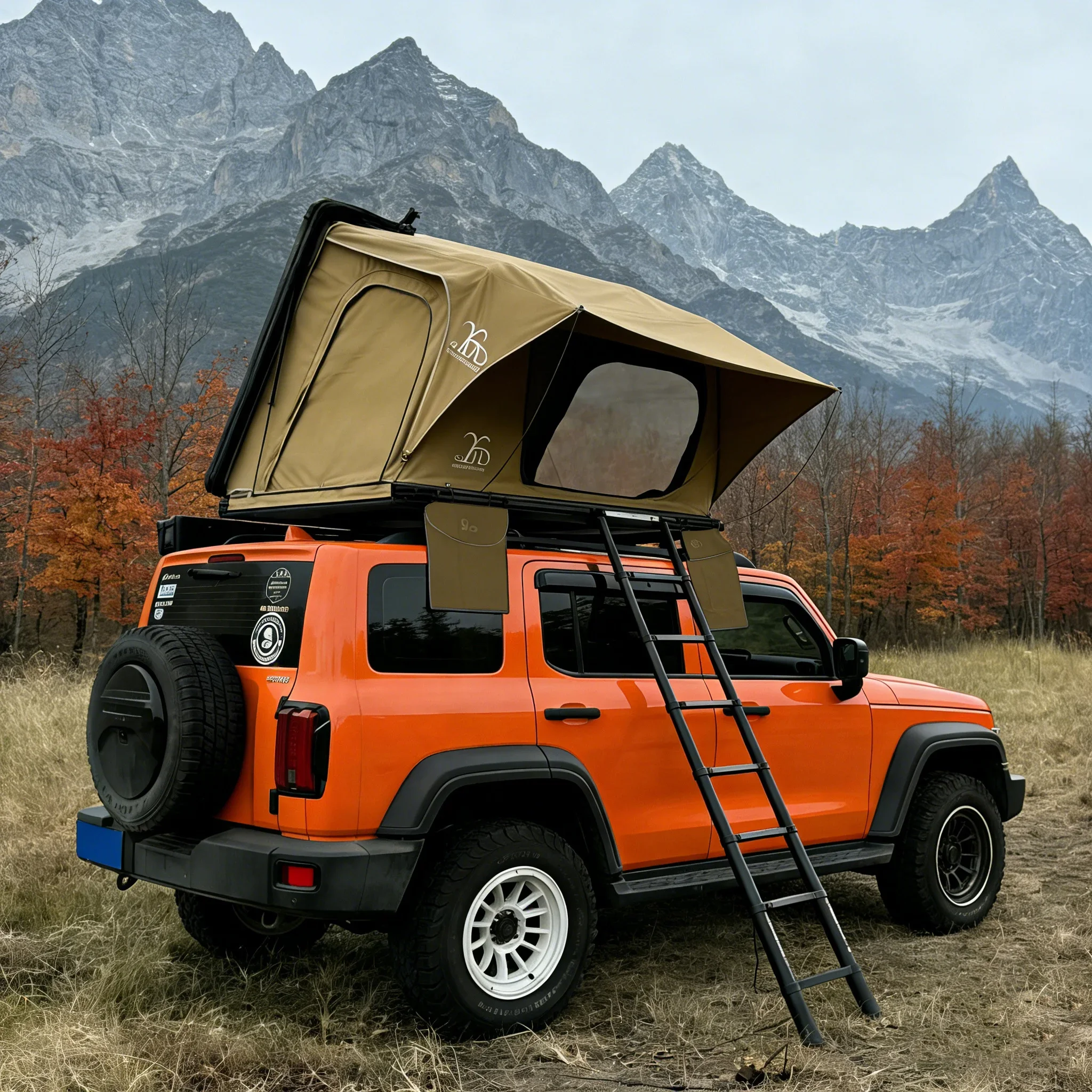 Khaki Customized Automatic 2 Person Aluminum Frame Rollover Style Car SUV Rooftop Tent for Outdoor Camping Travel