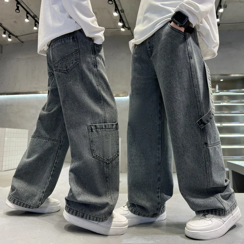 Teenage Boys Cargo Jeans Spring Autumn New Kids Wide Leg Denim Pants for Children Loose Pockets Trousers - Image 2