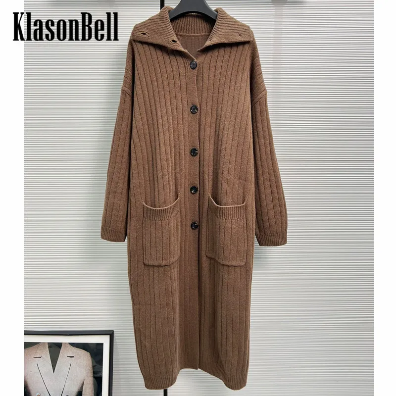

10.14 KlasonBell New Long Knitted Coat Women's 100% Wool Turn-down Collar Double Pocket Striped Jacquard Cardigan Sweater