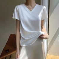 2024 Summer Basic Solid Women's T-Shirts V-Neck Short Sleeve Tees Tops  Satin Silk Elegant Thin Shirts for Female - Image 6