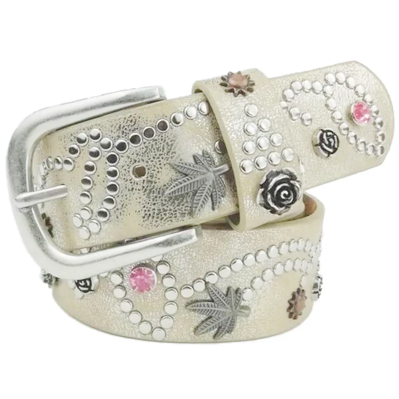 SupSindy Women Belt Luxury Brand Designer Leaves Flowers Rhinestone Rivets Pin Buckle PU Leather Belts for Women Jeans Waistband