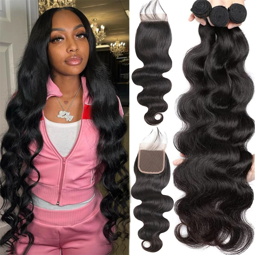 Body Wave Bundles With Closure Brazilian Human Hair Weave Bundles With Closure Hair Extension 3/4 4x4 Lace