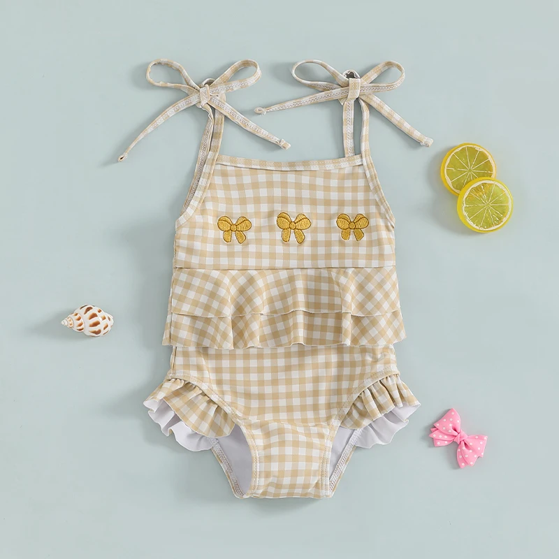 Baby Girl Swimsuit Spaghetti Straps Tie-up Embroidery Bow Plaid Children Swimwear