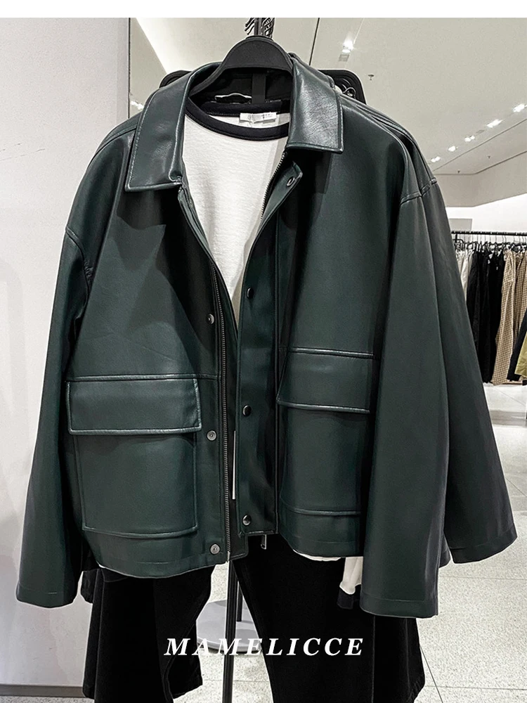 MAMELICCE Original design Loose faux leather Loose Covered pocket embellished leather-effect PU jacket men's clothing tops