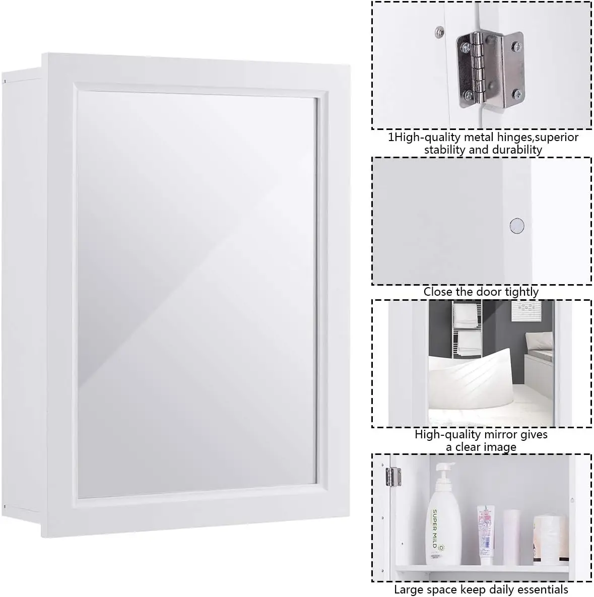 NEW Mirrored Bathroom Cabinet, Wall Mount Storage Cabinet with Single Doors,Hanging Medicine Cabinet for Bathroom (White) 6