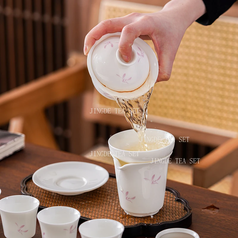 Ceramic Sheep Fat Jade Covered Bowl Dehua White Porcelain with Lid Tea Bowl Large Kung Fu Household Tea Set Gaiwan