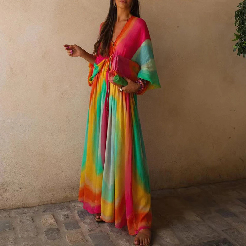 

Spring Fashion Rainbow Print Boho Maxi Dress Women V-neck Lace-up High Waist Party Dress Autumn Lantern Sleeve Loose Long Dress
