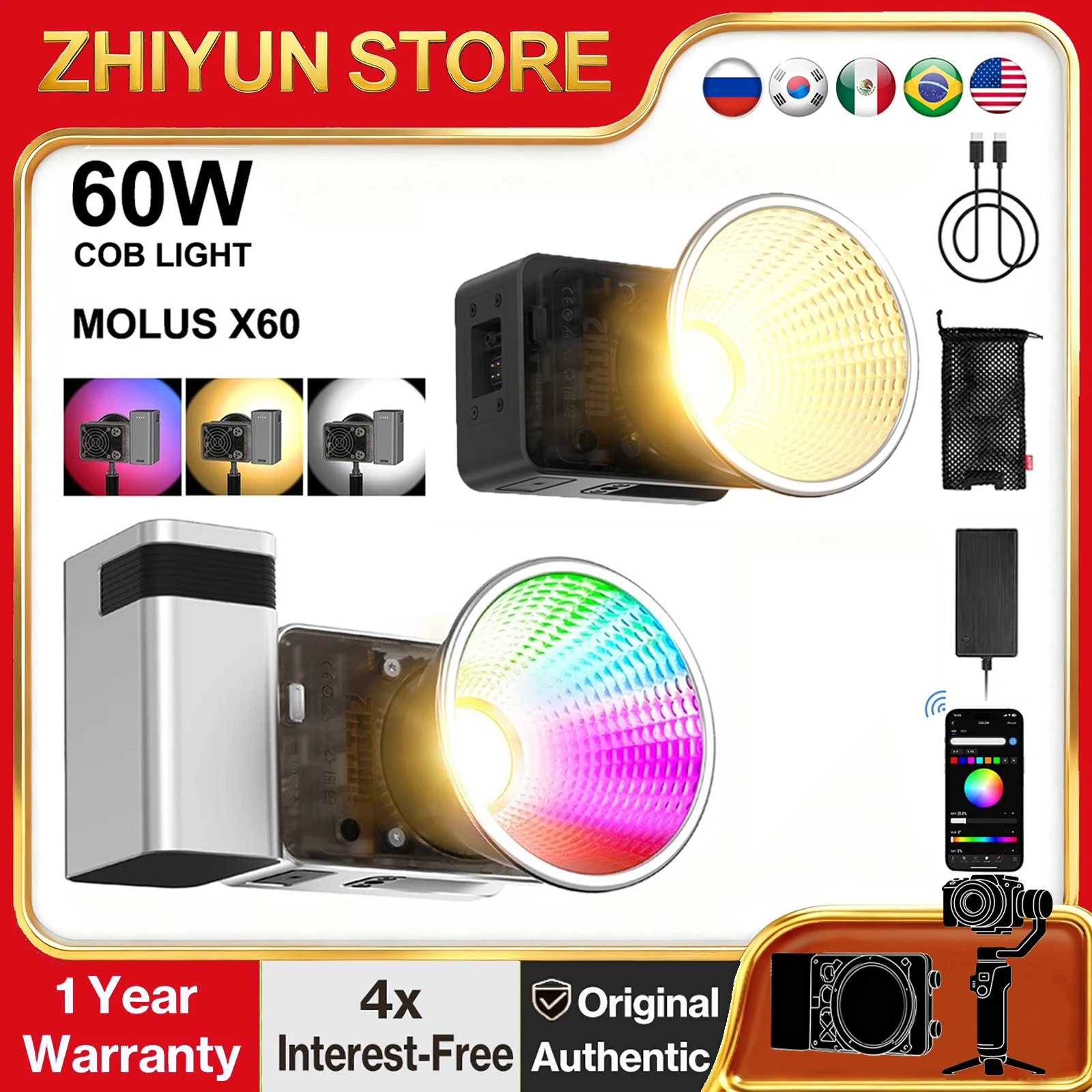 ZHIYUN MOLUS X60 촬영용 휴대용 야외 사진 조명, LED 포켓 필 램프, X60 RGB, 2 색, 60W COB 비디오 라이트