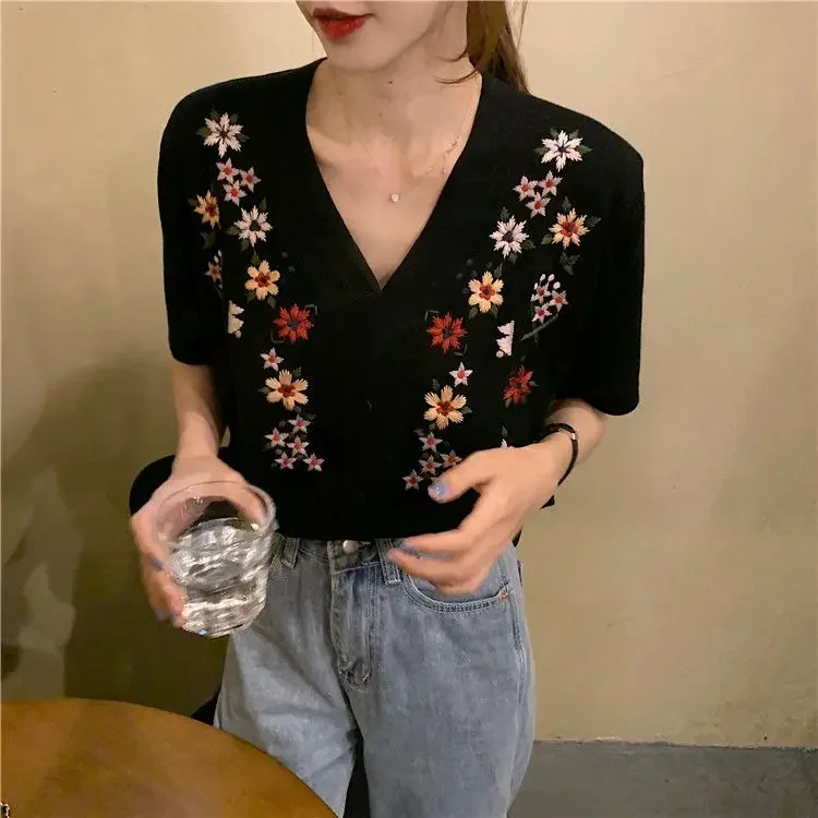 トップス Embroidered Design Summer Knit Cardigan Amazon.com: Women Spring Knitwear Coat Casual Round Neck