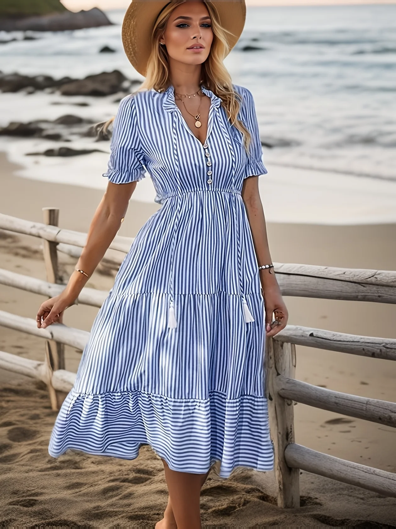 Abito Donna Estivo Lungo - Scollo A V E Manica Corta - Vita Alta - In Poliestere - Elegante E Casual - Foto 11