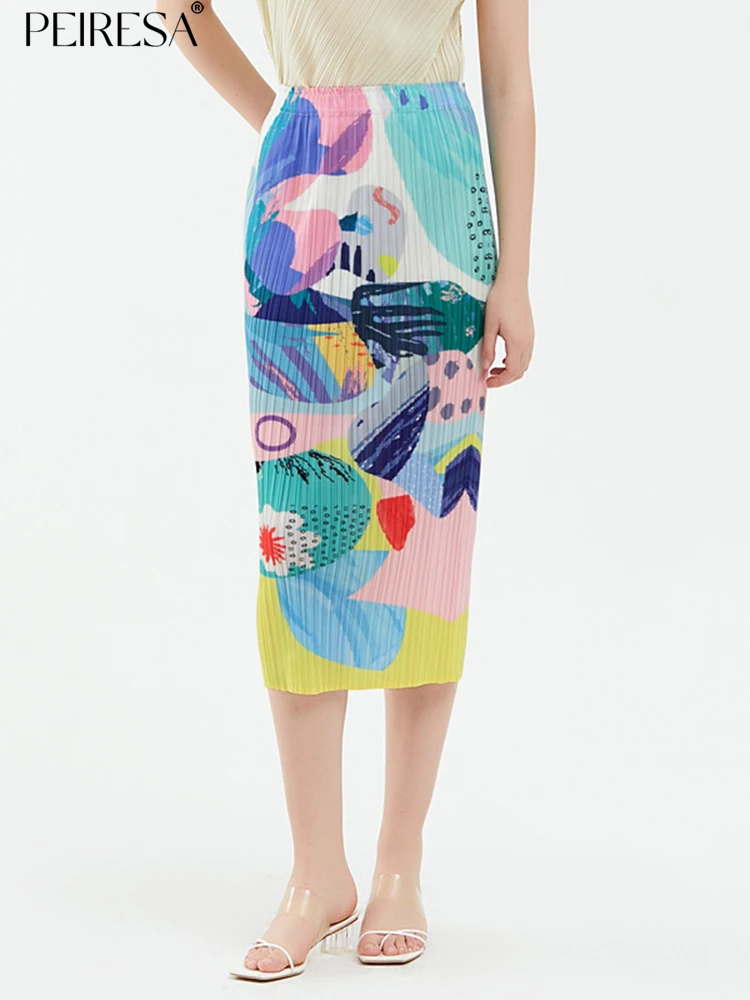 

PEIRESA Miyake 2023 Summer Printing Pleated Skirt For Women New Korean Fashion Elastic Waist Vintage Midi Skirts Casual Female