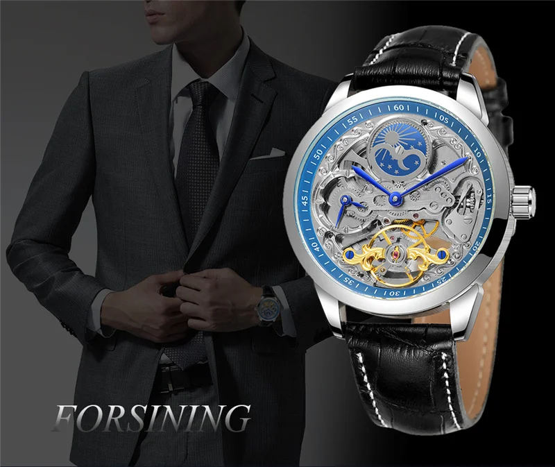 Fashion Forsining Luxury Top Brand Authentic Moon Phase Fully Automatic Men Hollowed Mechanical Leather Watches Reloj Hombre images - 6