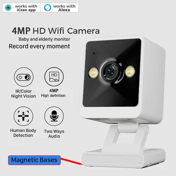 4MP 2K Mini Wifi Security Camera Indoor Magnetic Base HD Night Vision Ai Human Detection ICsee Surveillance Camera 2-Ways Audio 1