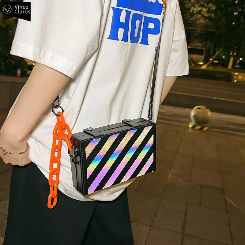 

VC Colorful Reflective Box Bag Hip-Hop Streetwear Men's Hard Shell Bag Trend Men Small Crossbody Bag Sling Shoulder Bag Unisex